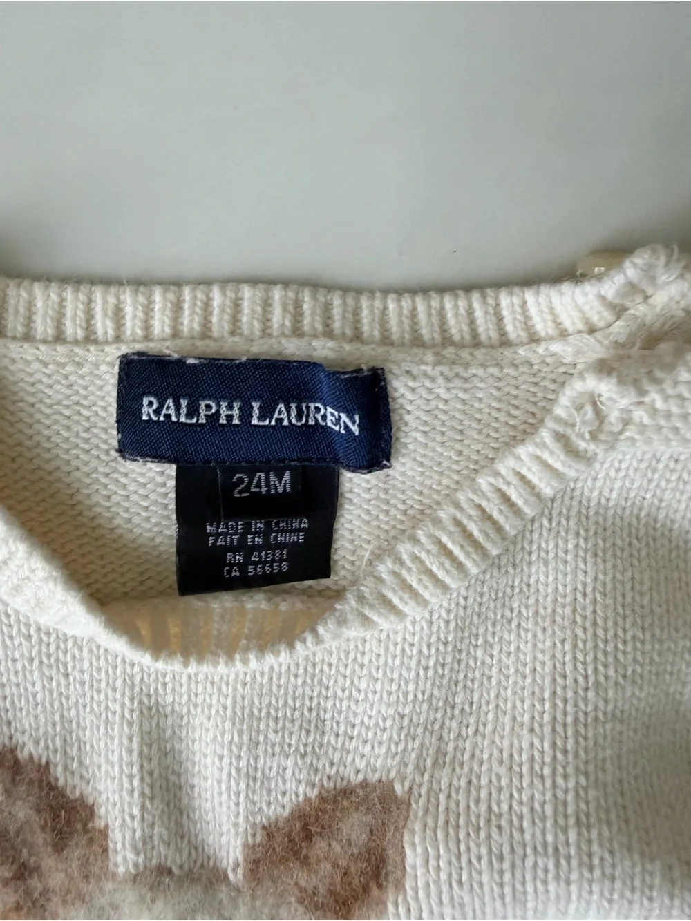 Ralph Lauren Cream Knit Sweater with Dog Motif and Red Accent